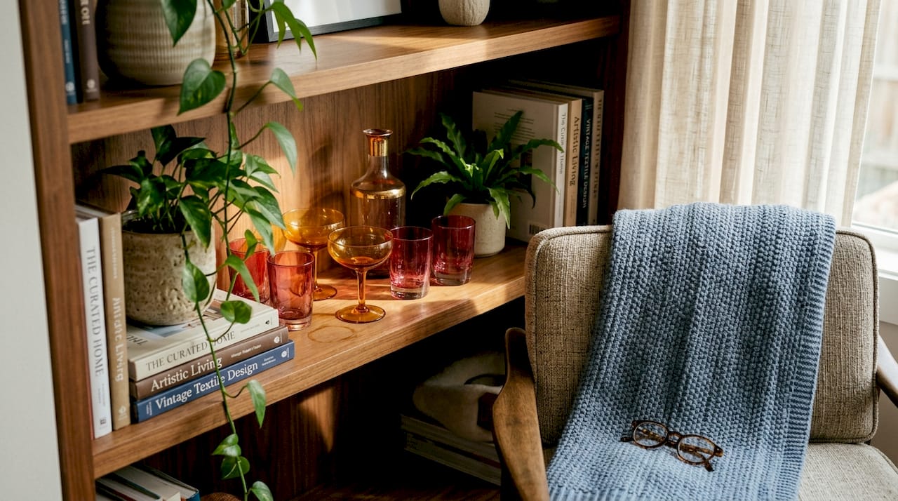 Bookshelf with grouped vintage glassware and plants