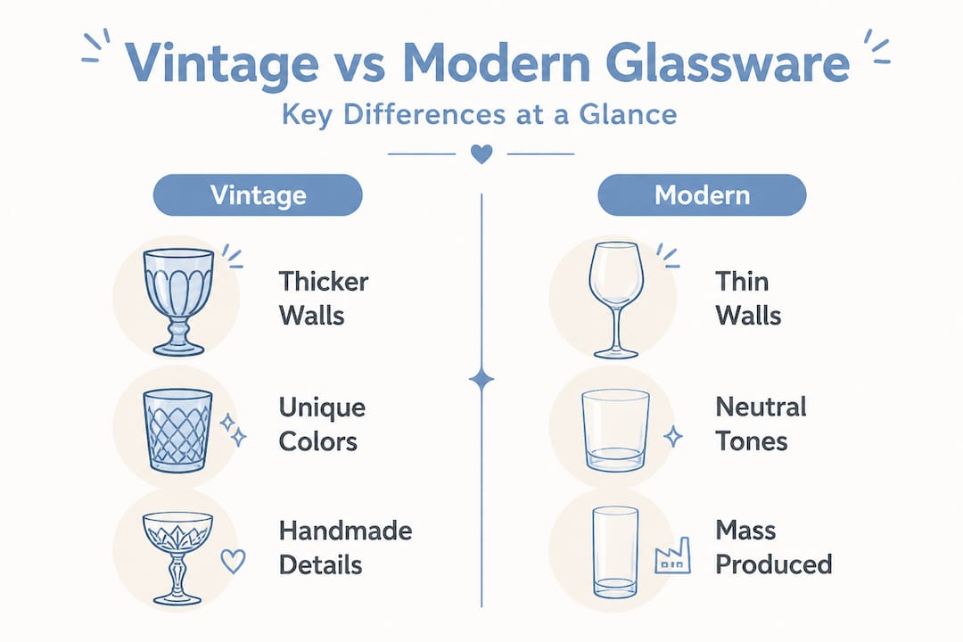 Infographic comparing vintage and modern glassware features