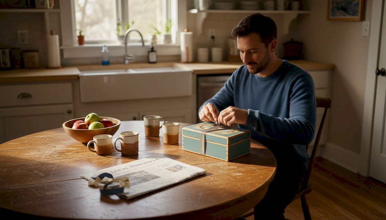 Man unwrapping handmade painted gift box