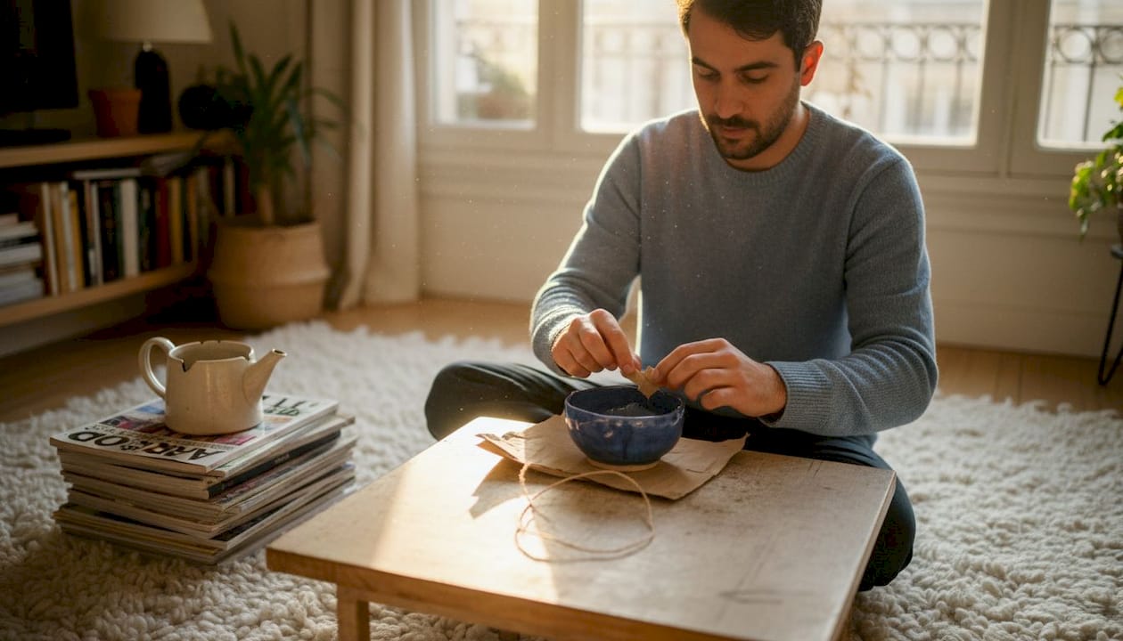 Man unwrapping handmade ceramic bowl at home