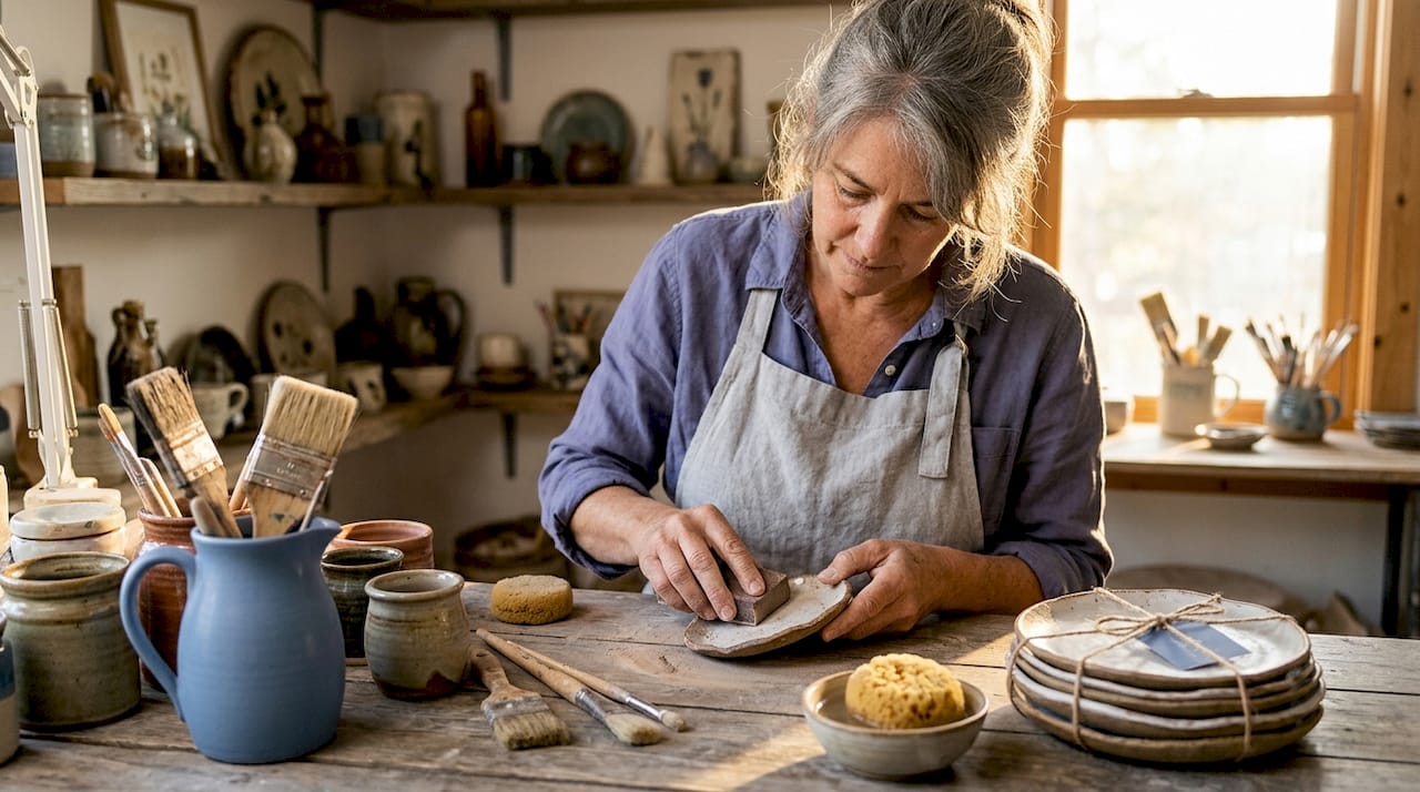 Artisan sanding ceramic decor in home studio