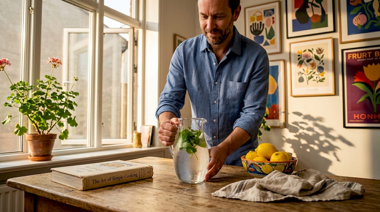 Man using decorative everyday objects in kitchen