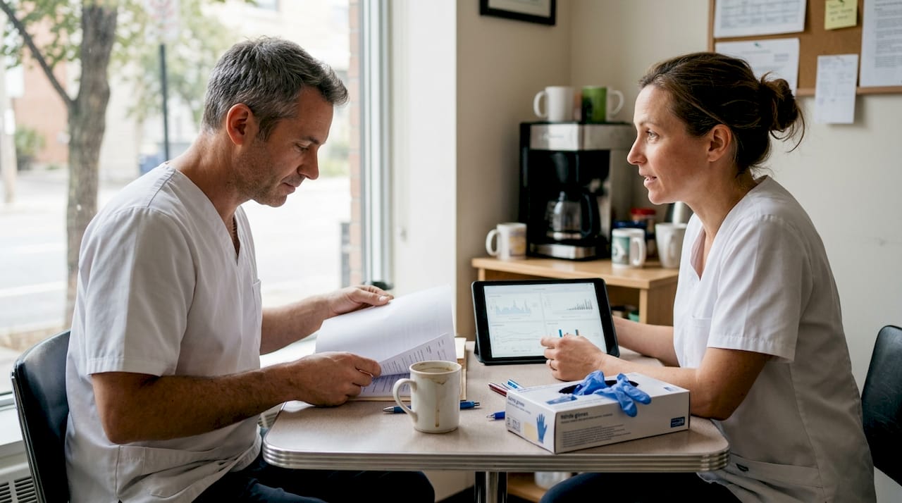 Des médecins échangent sur l’efficacité de leur travail lors d’une réunion autour d’une table.