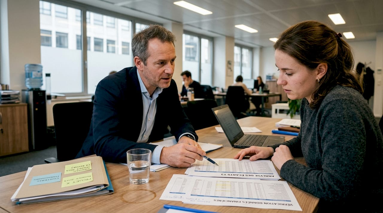Un manager et son collègue analysent des données, assis autour d'une table encombrée de dossiers et de papiers.
