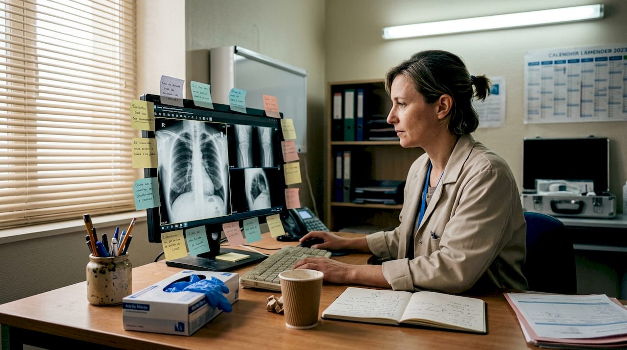 Une technicienne en santé analyse des radios générées par intelligence artificielle.