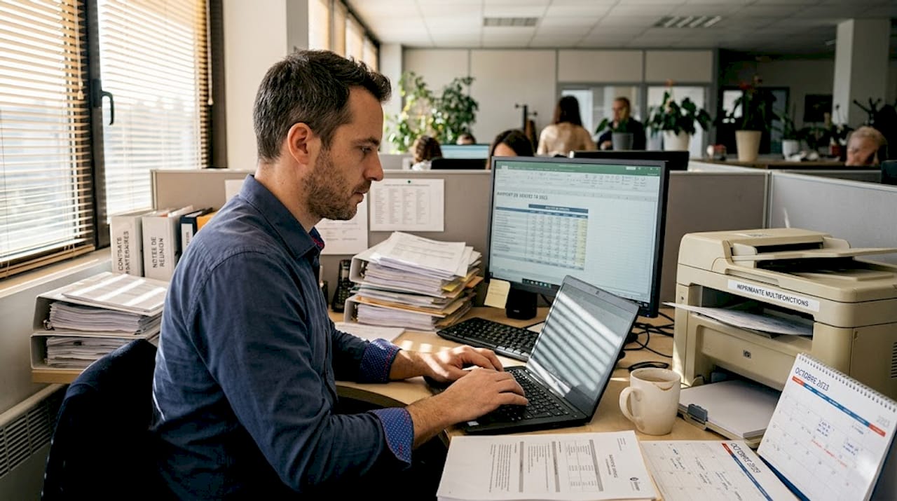Un salarié qui optimise son travail au bureau en automatisant certaines tâches quotidiennes.