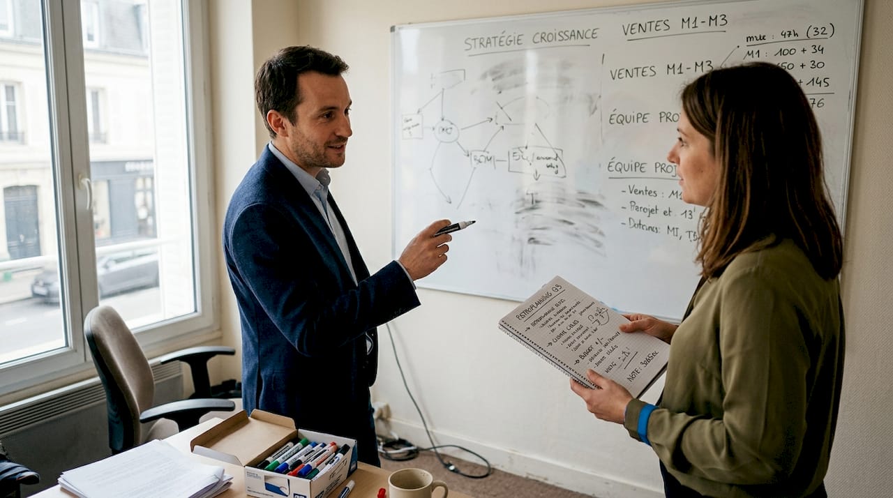 Des collaborateurs d’une PME échangent lors d’une réunion sur l’intégration de l’intelligence artificielle dans leur entreprise.