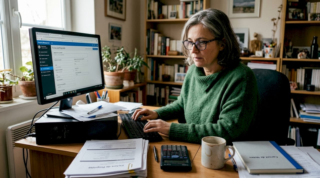 Un agent immobilier effectue l’estimation d’un bien directement depuis son bureau, grâce à des outils numériques.