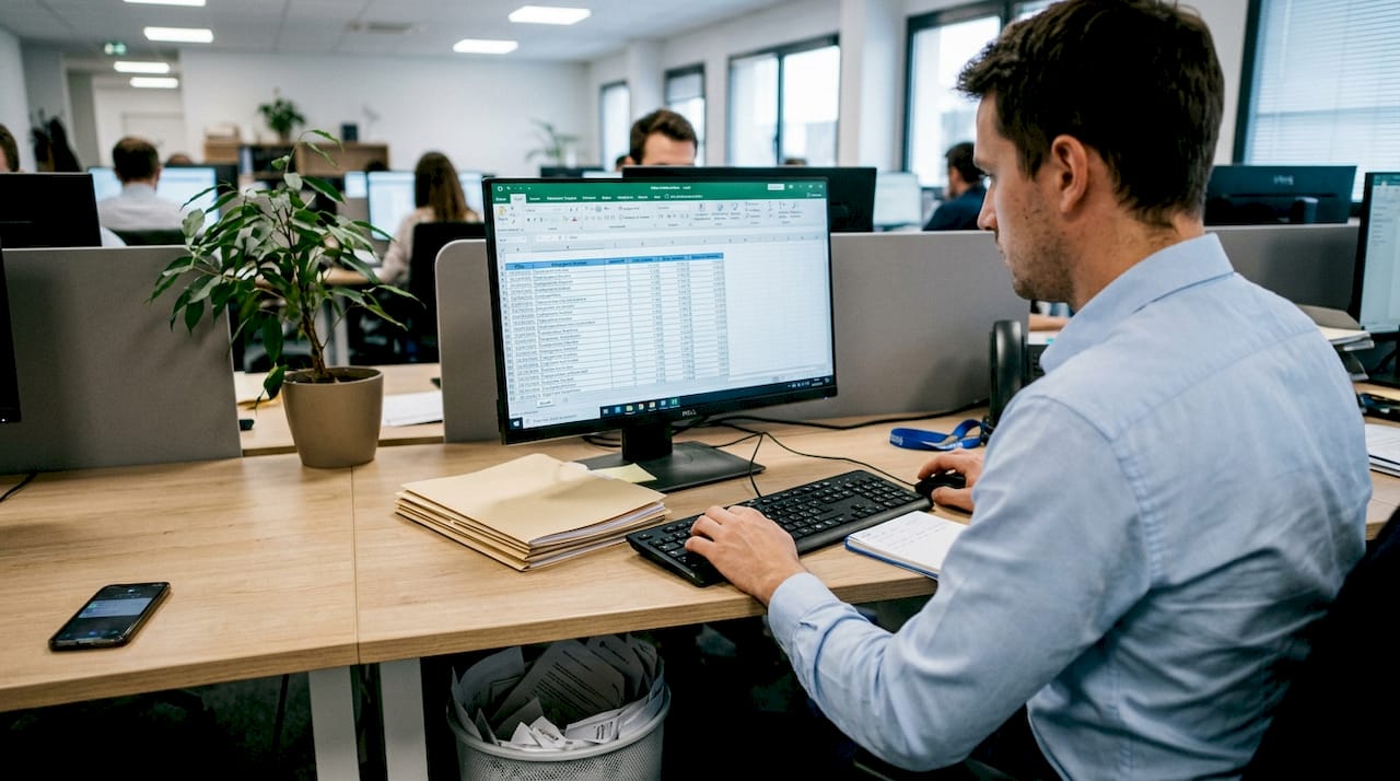 Un salarié de PME saisit des informations sur son ordinateur.