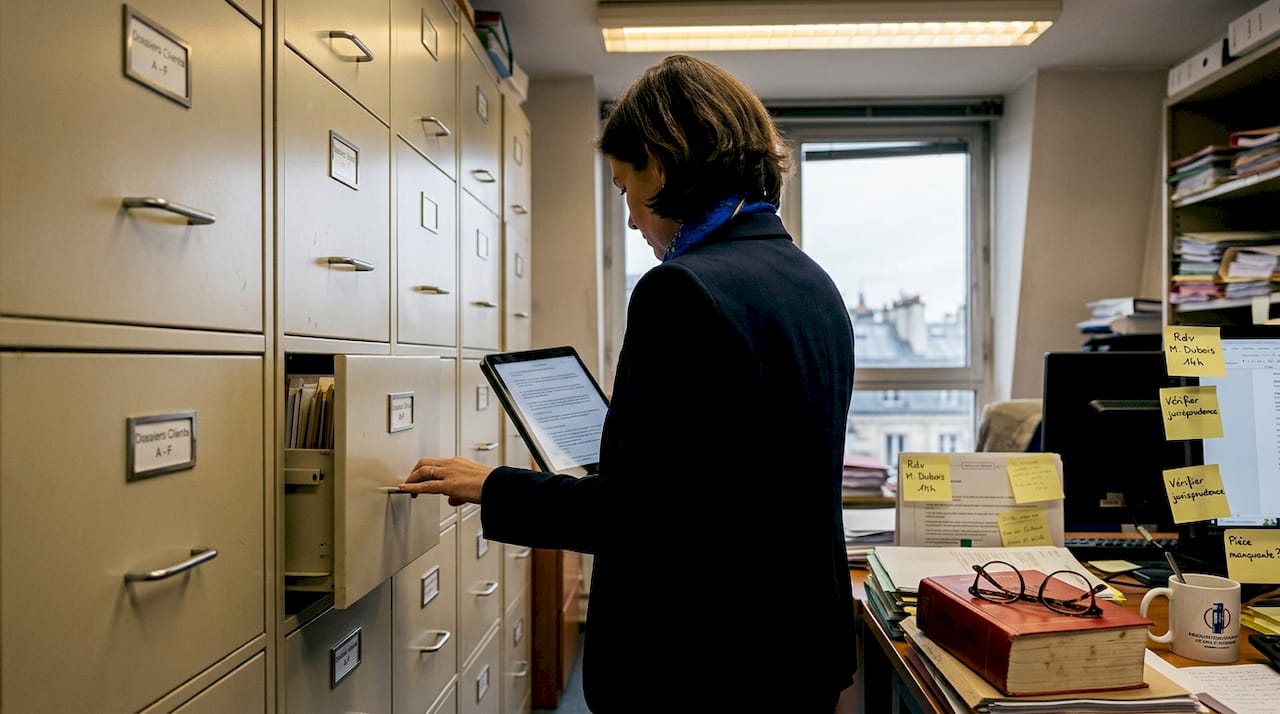 Un avocat vérifie et recoupe les dossiers de ses clients, qu’ils soient au format papier ou numérique, afin de s’assurer que toutes les informations concordent.