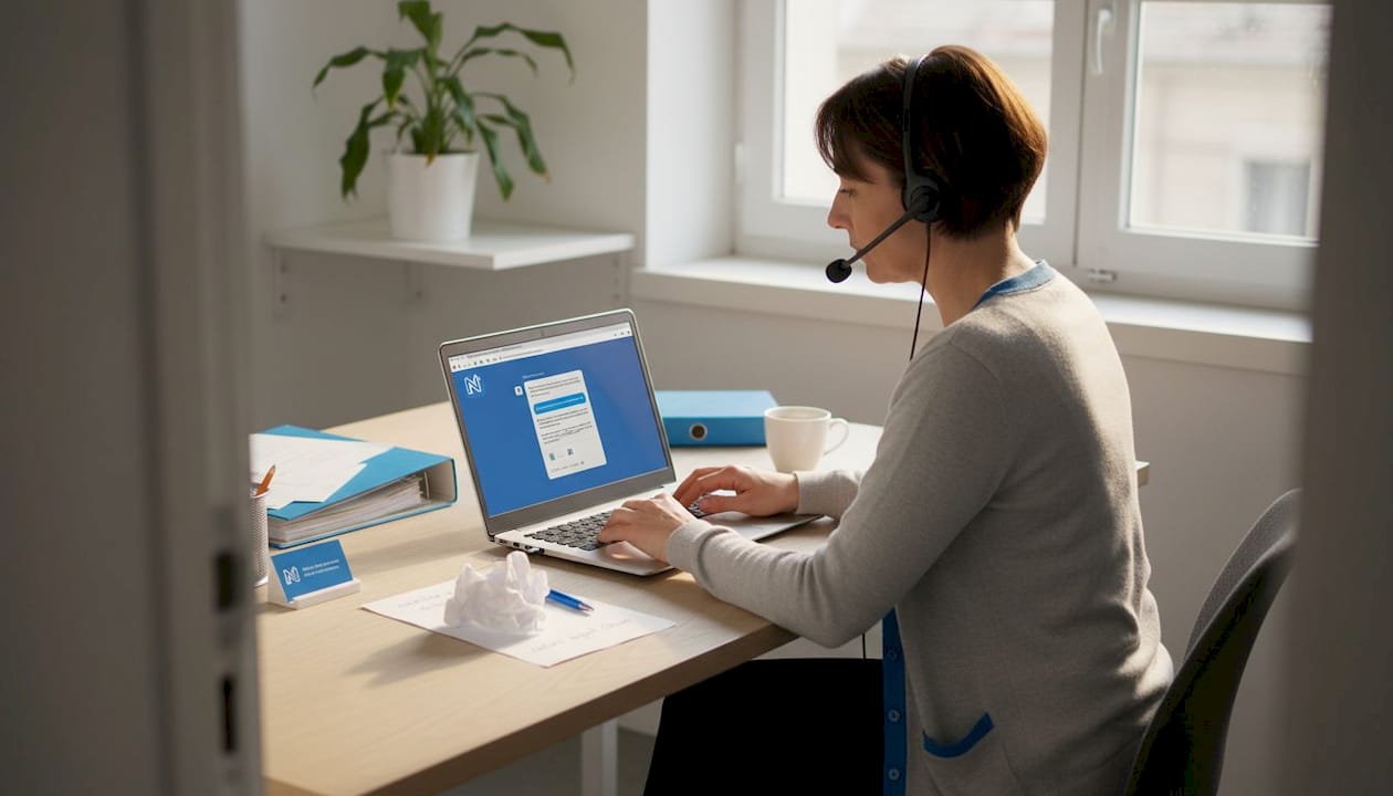 Un conseiller clientèle d’une PME en pleine session de travail sur son ordinateur portable.