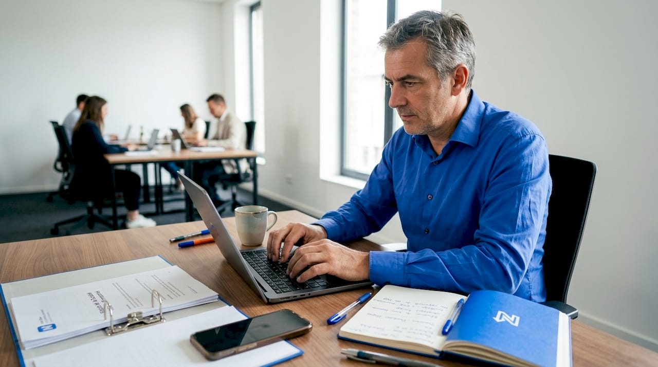 Un chef d'entreprise belge de PME concentré sur son ordinateur, installé dans son bureau.