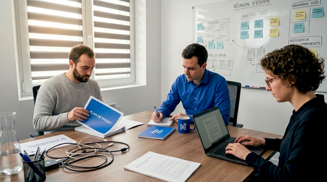 Réunion d’équipe restreinte pour organiser un projet d’assistant intelligent basé sur l’IA