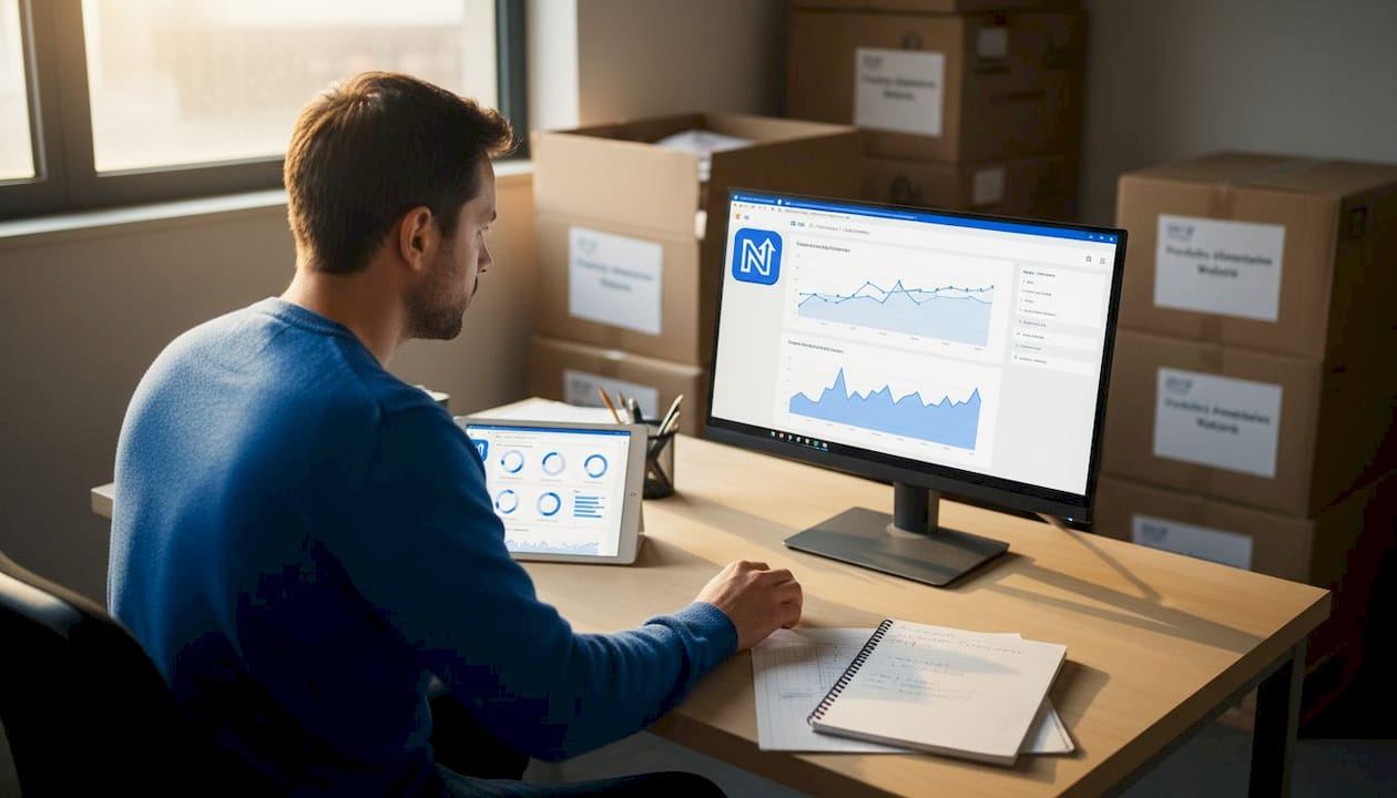 Un salarié d’une PME qui s’appuie sur une solution d’intelligence artificielle pour optimiser la gestion de ses stocks.
