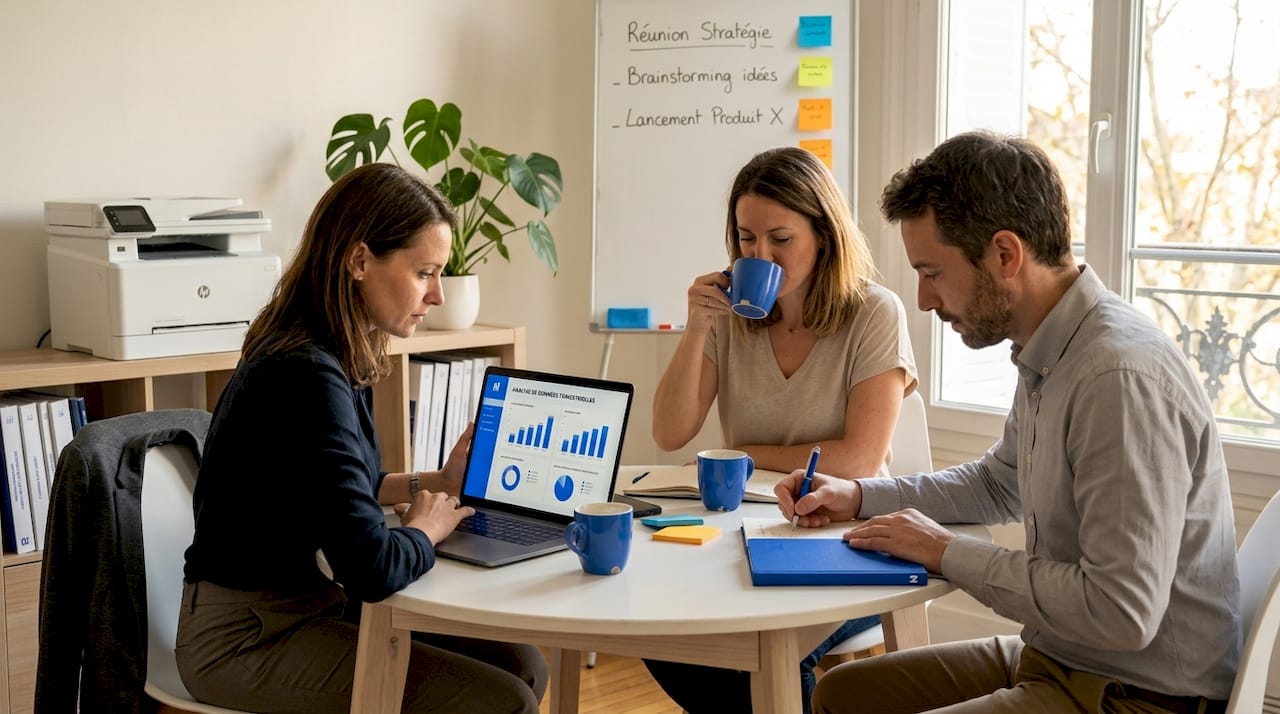 Trois collègues d’une PME réunis devant un ordinateur pour travailler ensemble