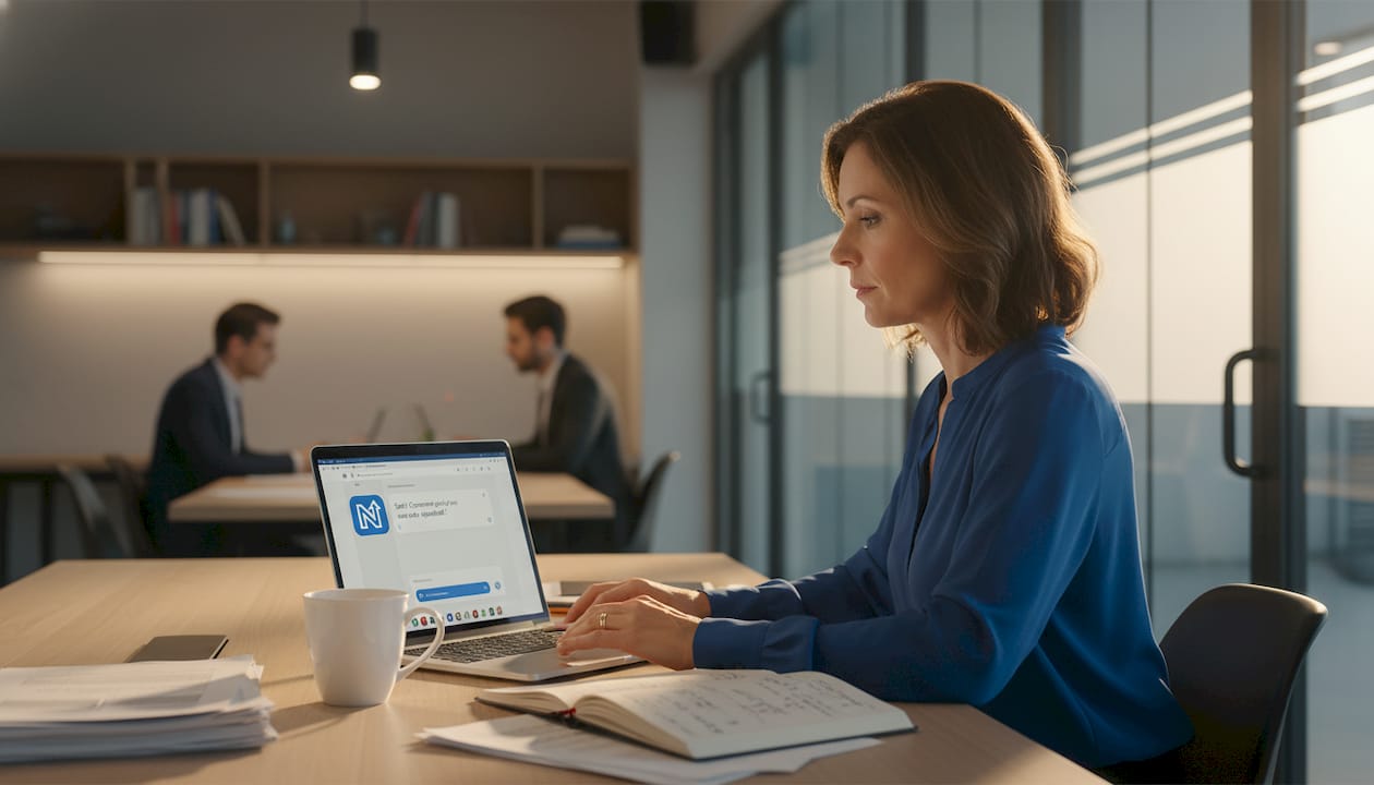 Une collaboratrice d'une petite entreprise profite de l'assistant intelligent pour optimiser son travail au bureau.