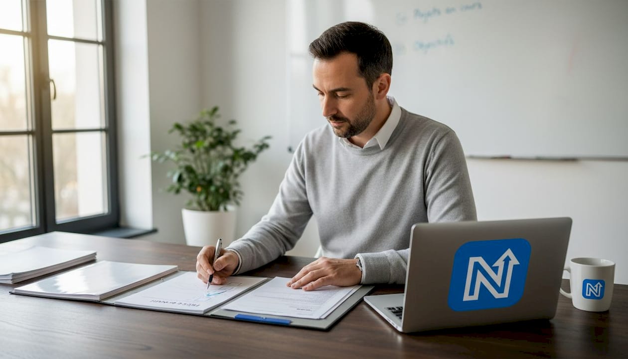 Un salarié en pleine analyse des processus de travail d’une PME, installé dans un espace de bureau décloisonné.