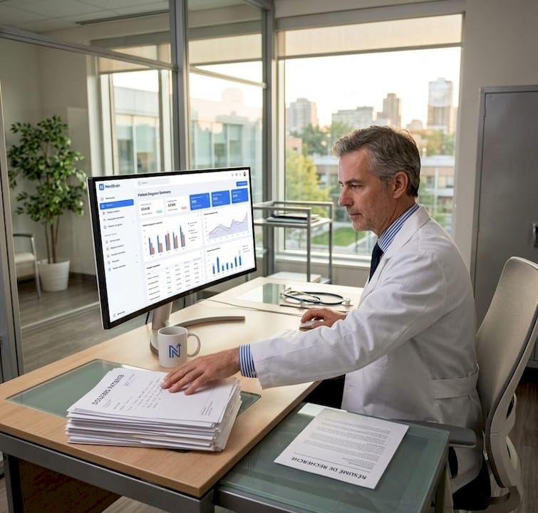Un médecin passe en revue les comptes rendus médicaux générés par l’intelligence artificielle.