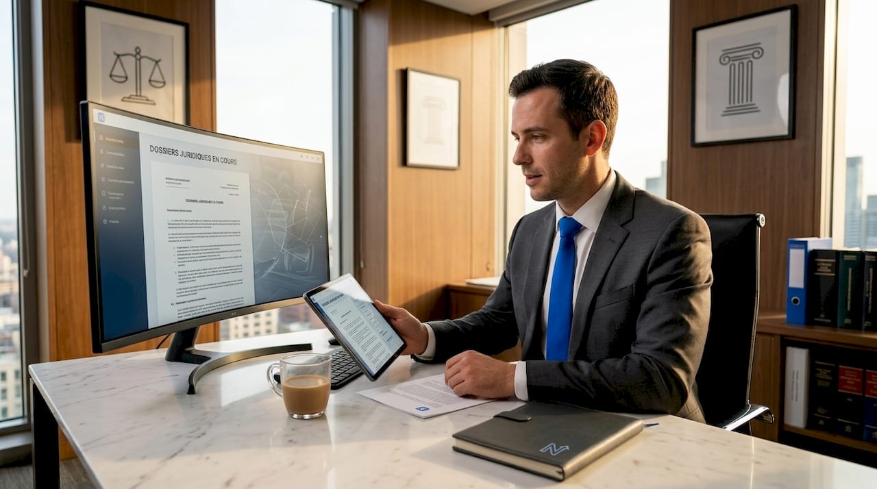 Un avocat étudie attentivement des dossiers sur son ordinateur, installé à son bureau.