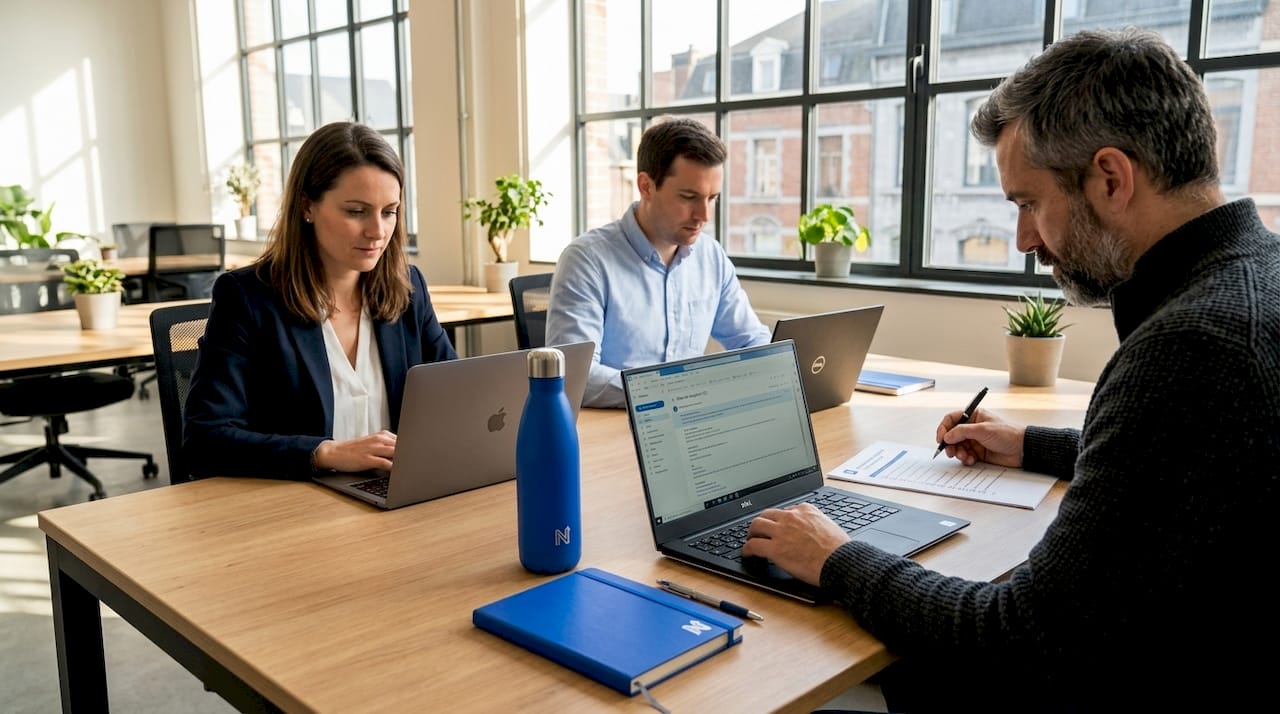 Une petite équipe travaille sur leurs ordinateurs portables en utilisant des outils d’intelligence artificielle.