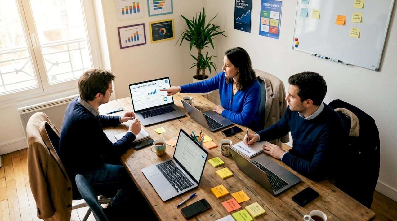 Une petite équipe au sein d'une PME échange autour des solutions numériques à adopter.