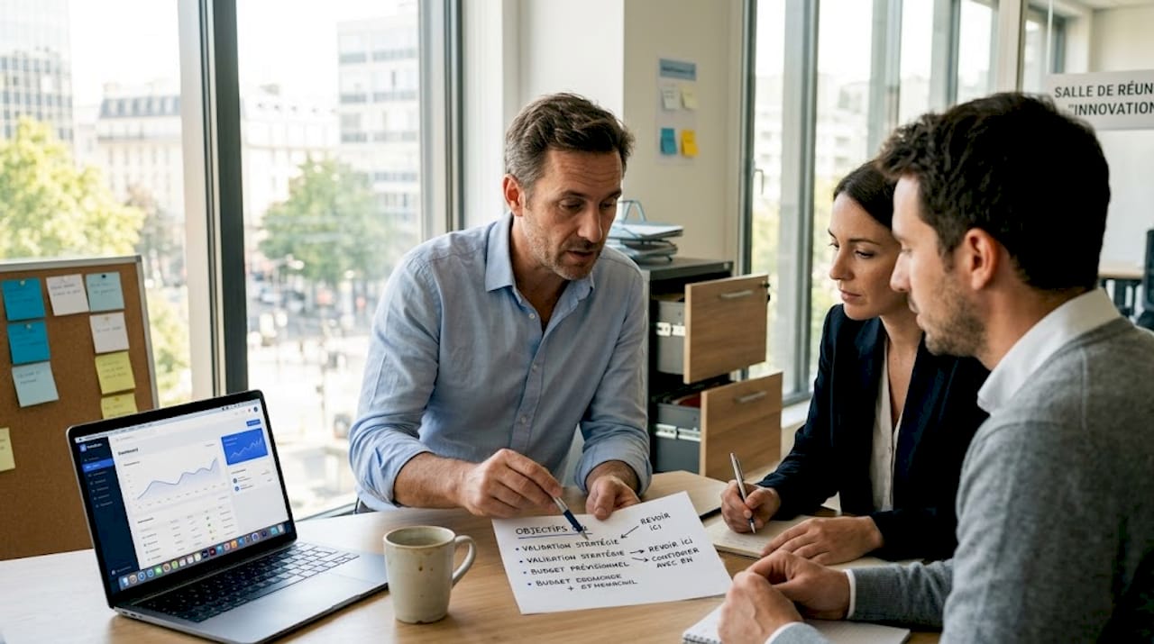 Le dirigeant d'une PME discute avec son équipe autour de la table dans les locaux de l'entreprise.