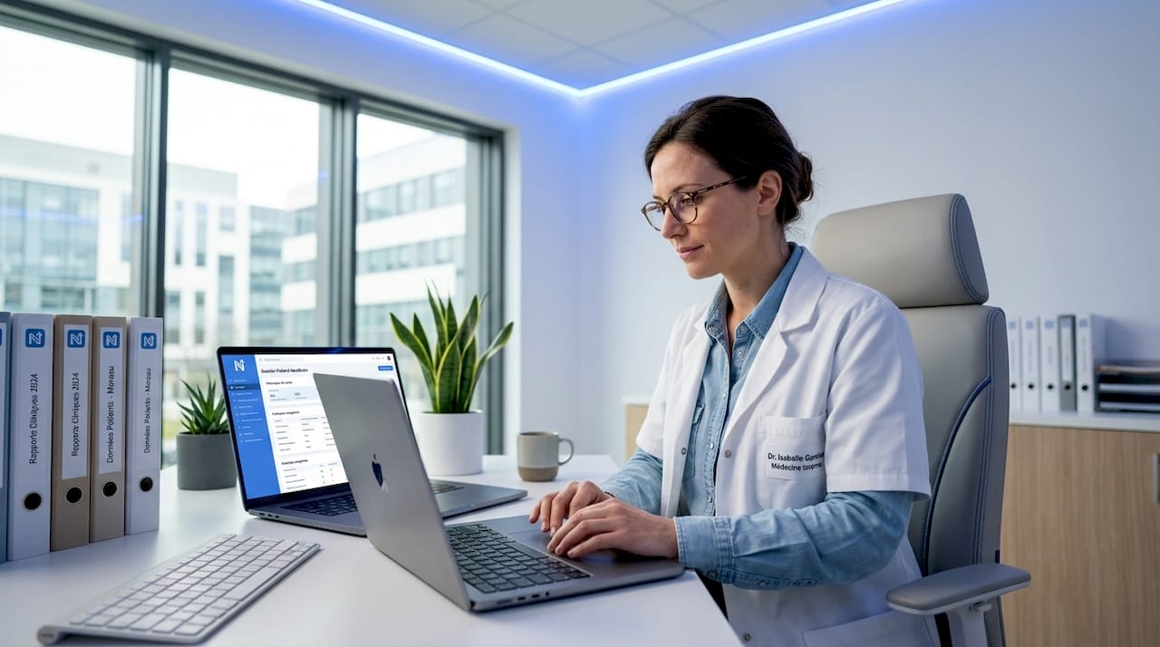 Un médecin consulte les dossiers médicaux de ses patients dans son cabinet.