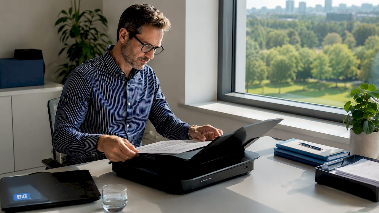 Un cadre en train de numériser des documents dans son bureau.