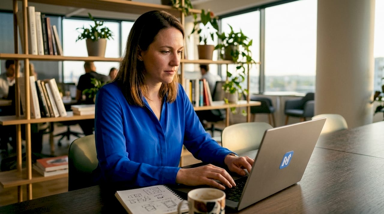 Une salariée d’une petite entreprise travaille à son bureau devant son ordinateur.