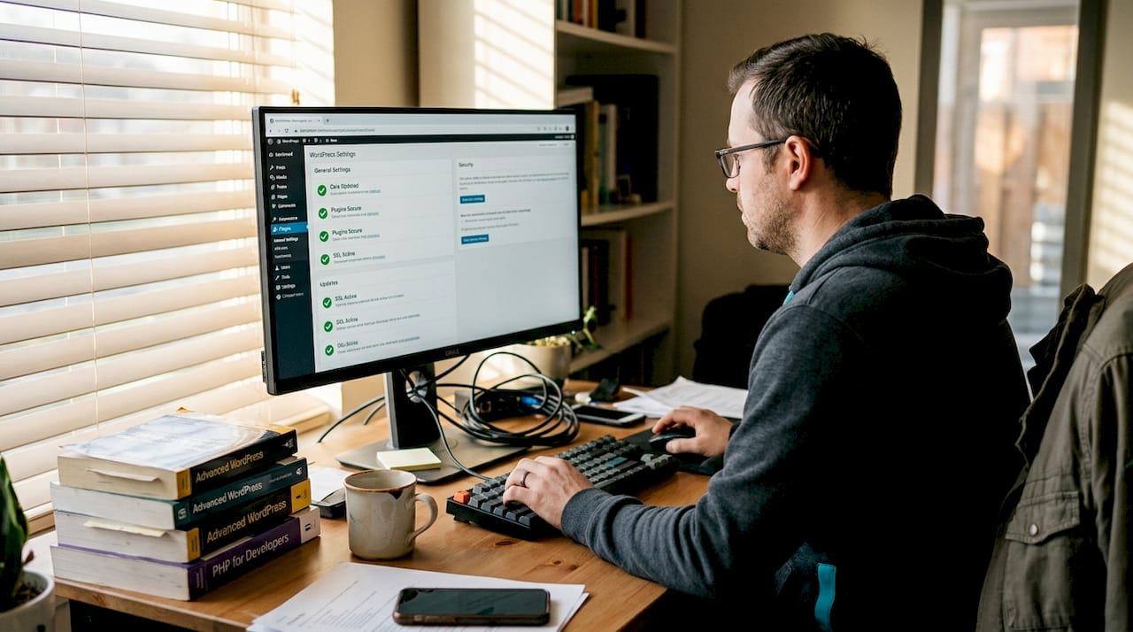 WordPress admin checking security dashboard on computer