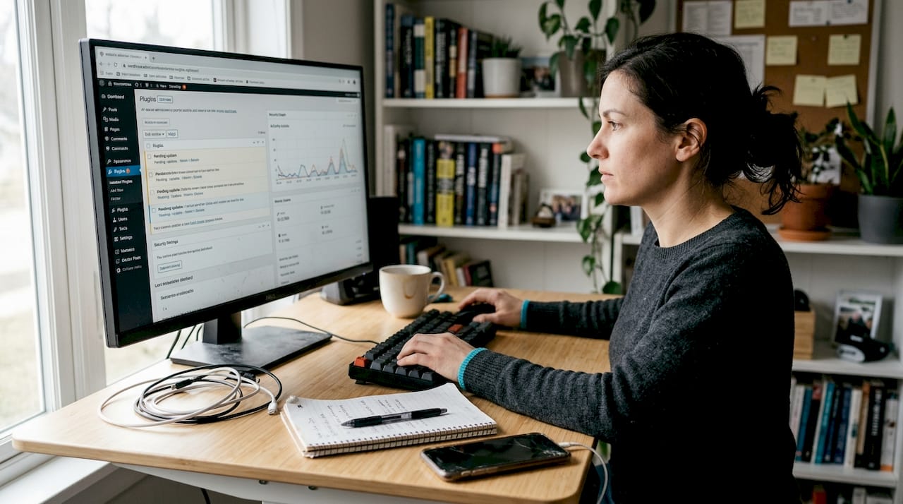 Website admin checking security dashboard at home