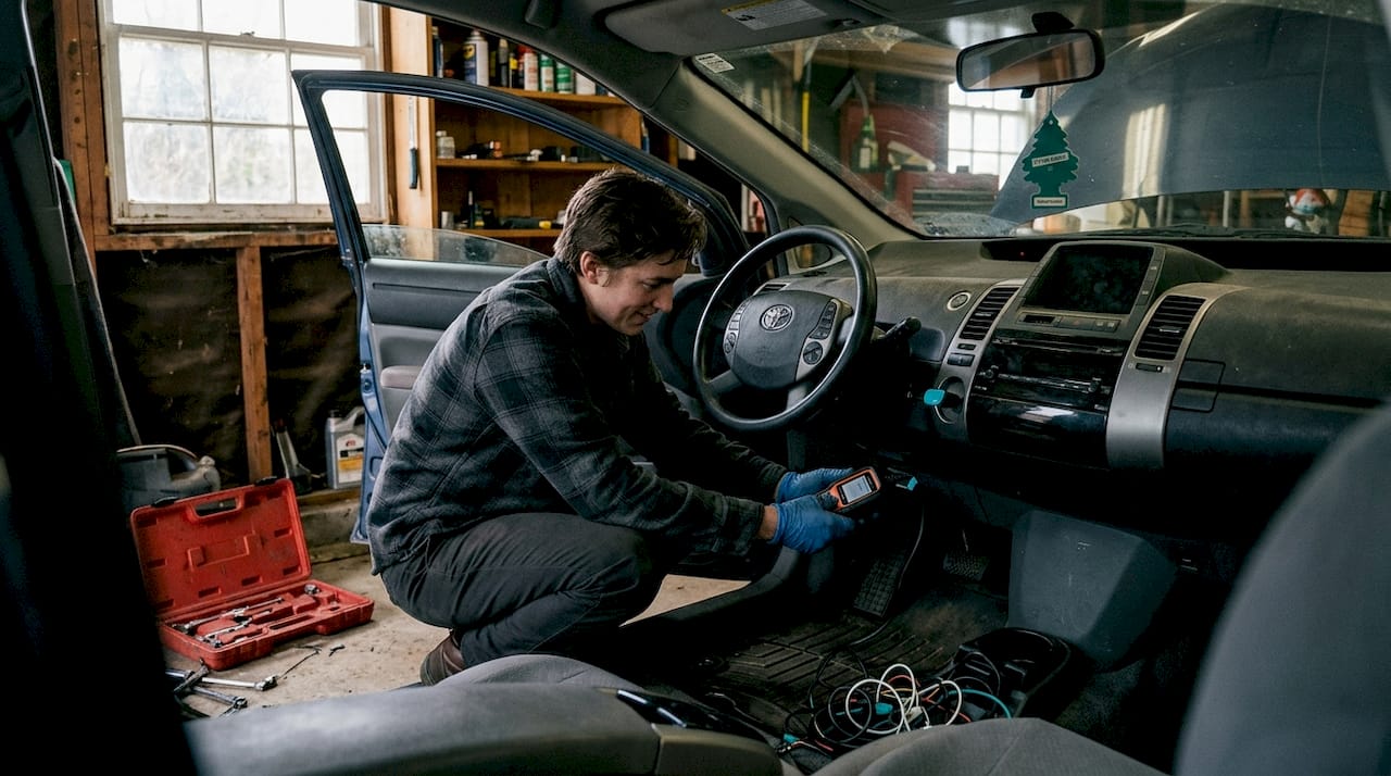 Person attaching OBD-II scanner inside hybrid car