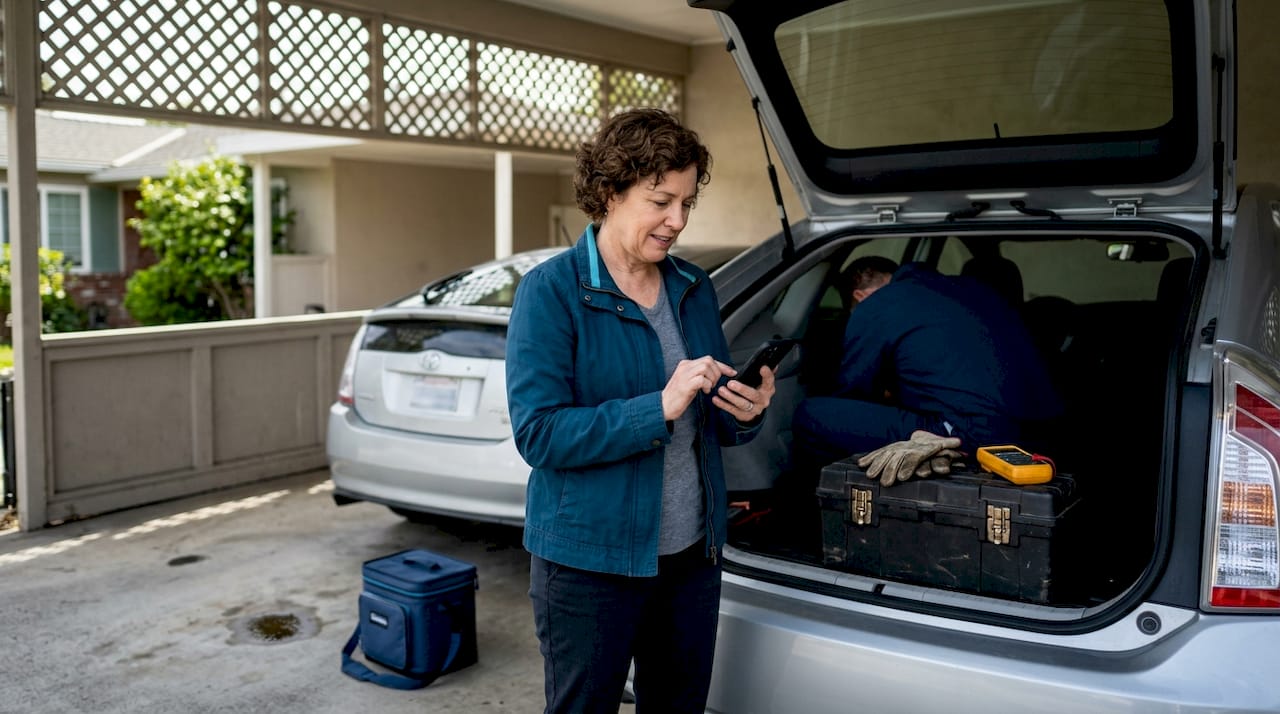Hybrid car service in residential carport