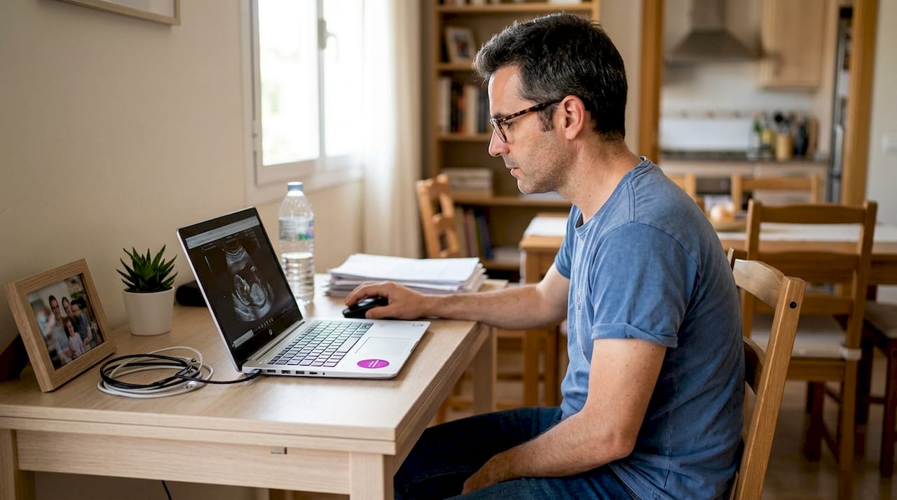 Hombre trabajando en la edición de una imagen de ecografía desde su portátil