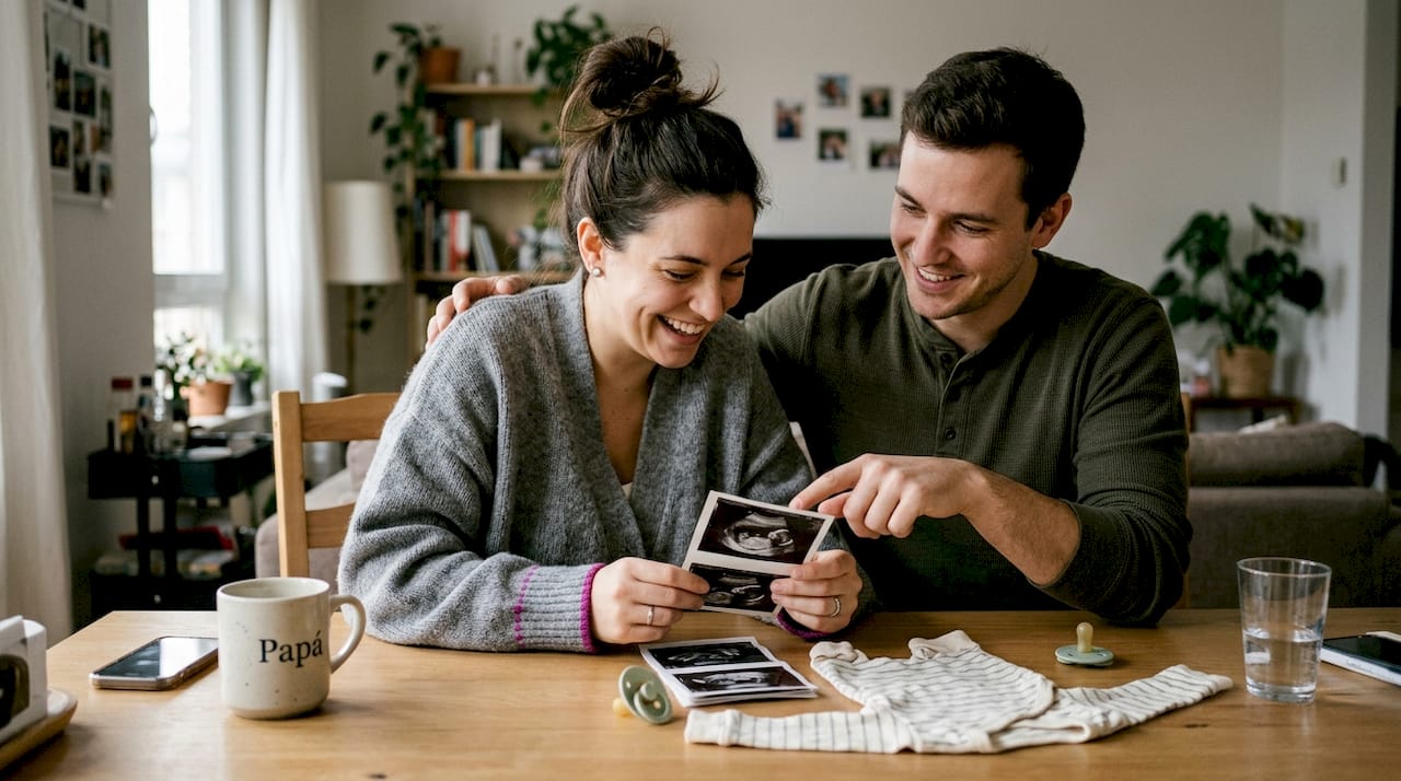 Una pareja observa emocionada las ecografías de su futuro bebé en la sala de su casa.