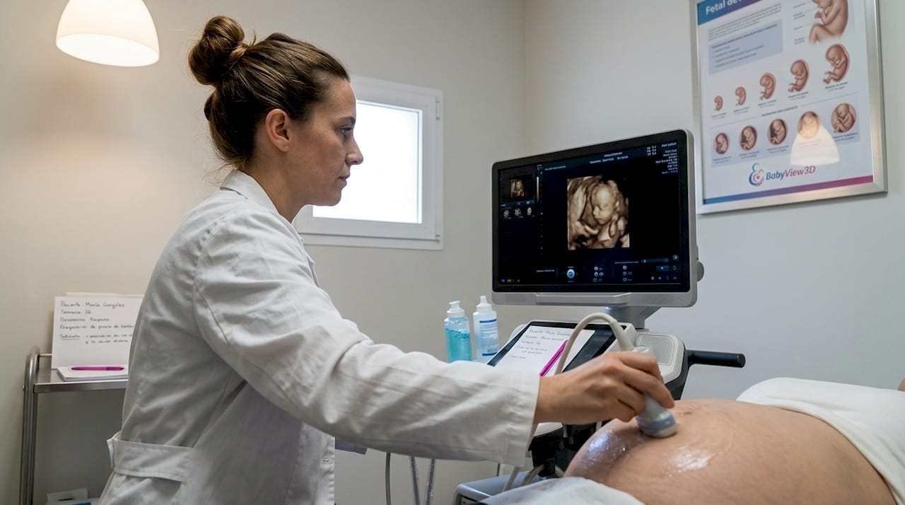 Un especialista realiza una ecografía 3D a una mujer embarazada.