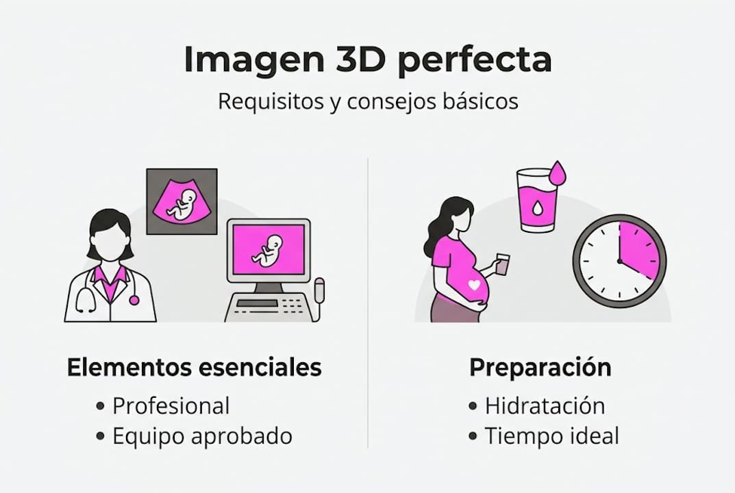 Infografía con información sobre los requisitos y cómo prepararse para una ecografía 3D