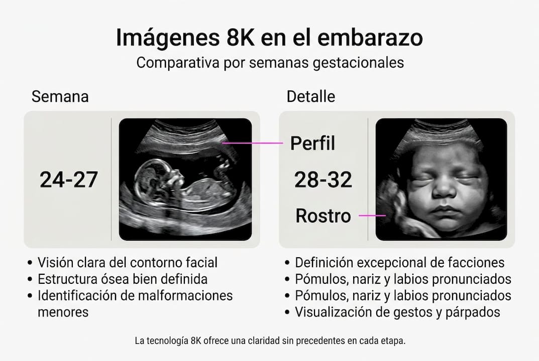 Visualiza cómo evoluciona la calidad de las ecografías 8K a lo largo de las semanas de gestación en esta infografía.