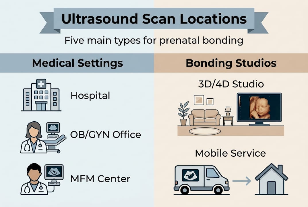 Infographic comparing ultrasound scan types and locations