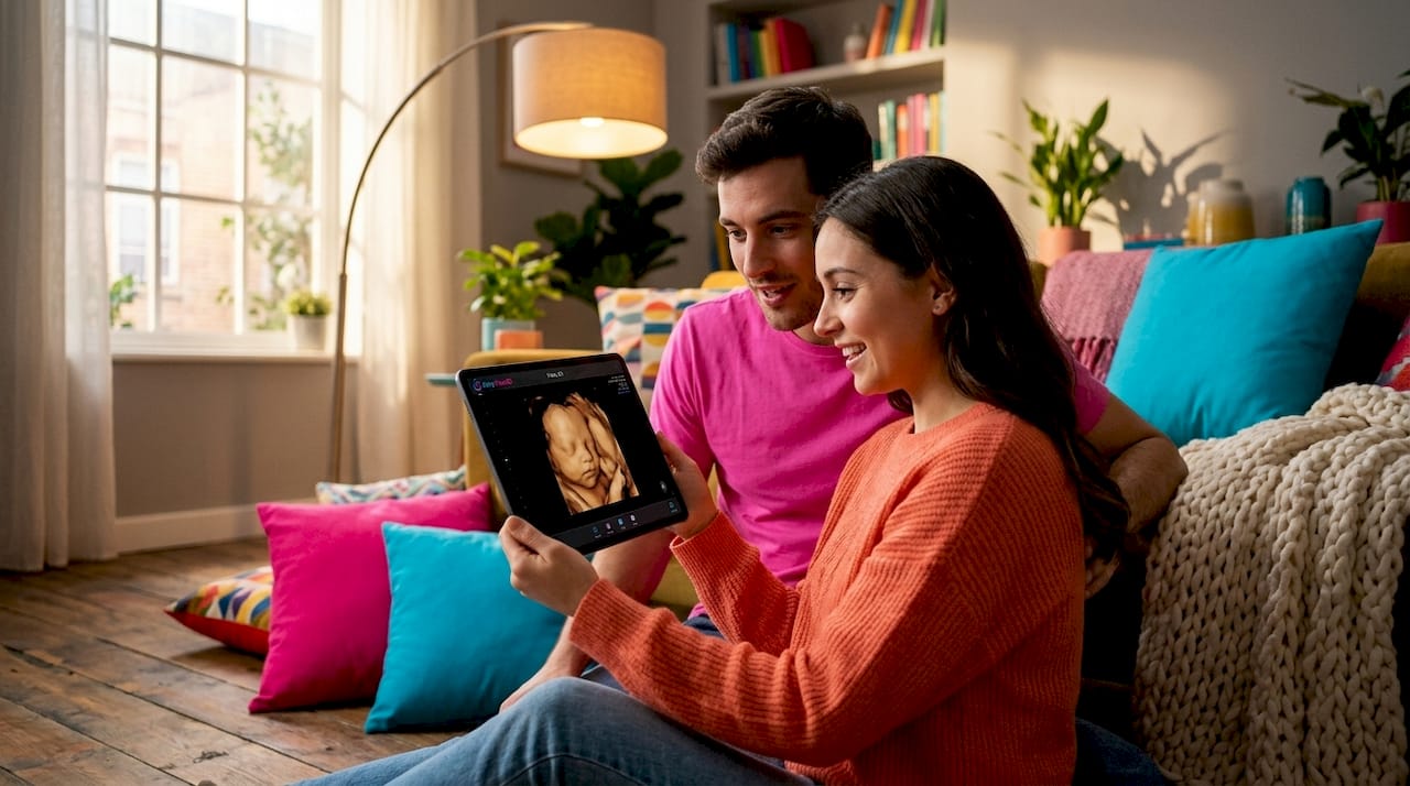 Una pareja observa emocionada la imagen de la ecografía 3D en la sala de consultas.