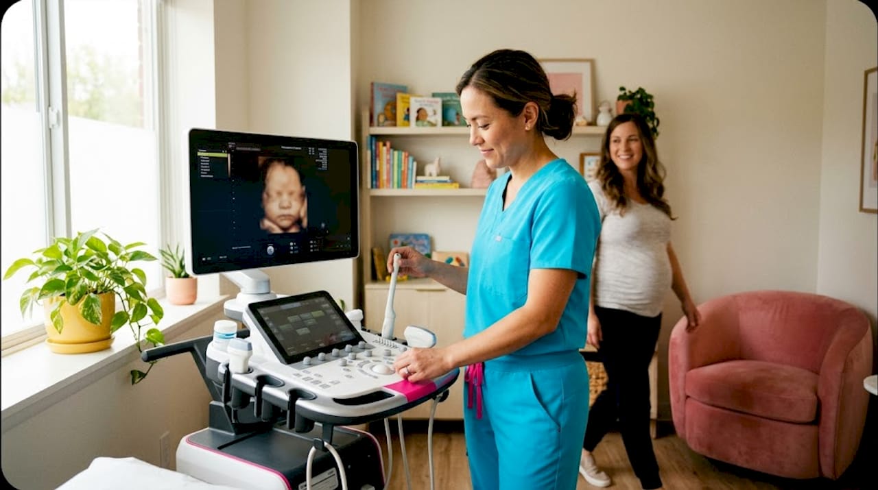 Technician adjusting ultrasound with patient walking