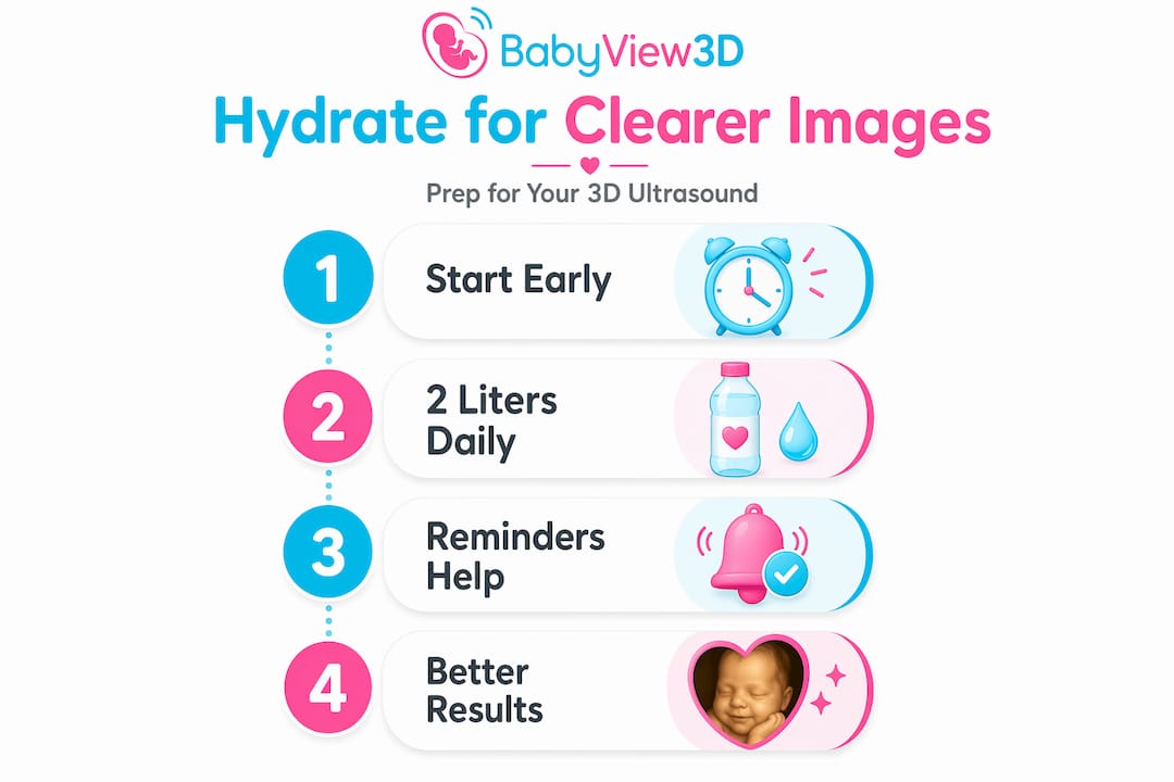 Vertical infographic for hydration steps before ultrasound
