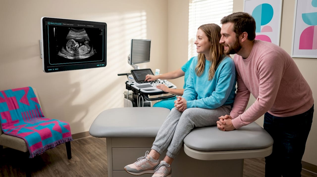 Parents watching fetal ultrasound monitor together