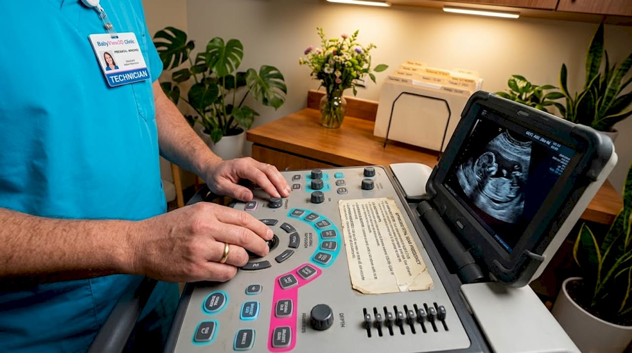 Technician adjusts ultrasound machine frequency settings
