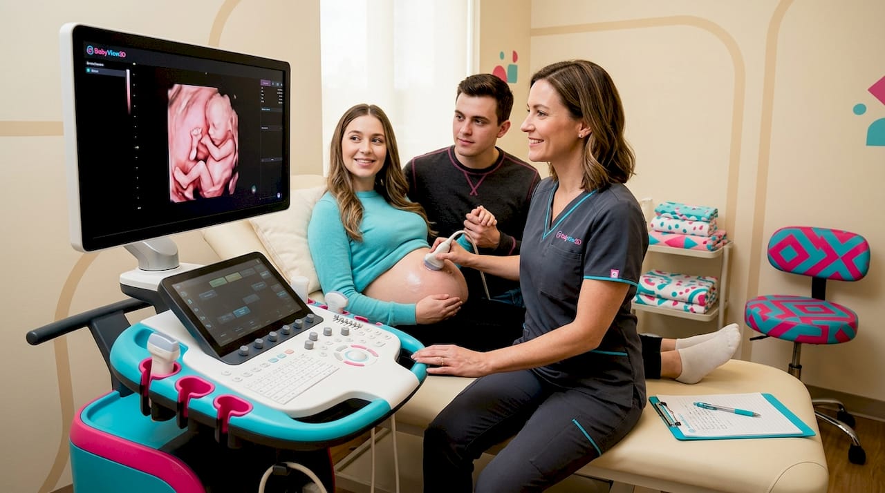 Early pregnancy ultrasound with couple and clinician