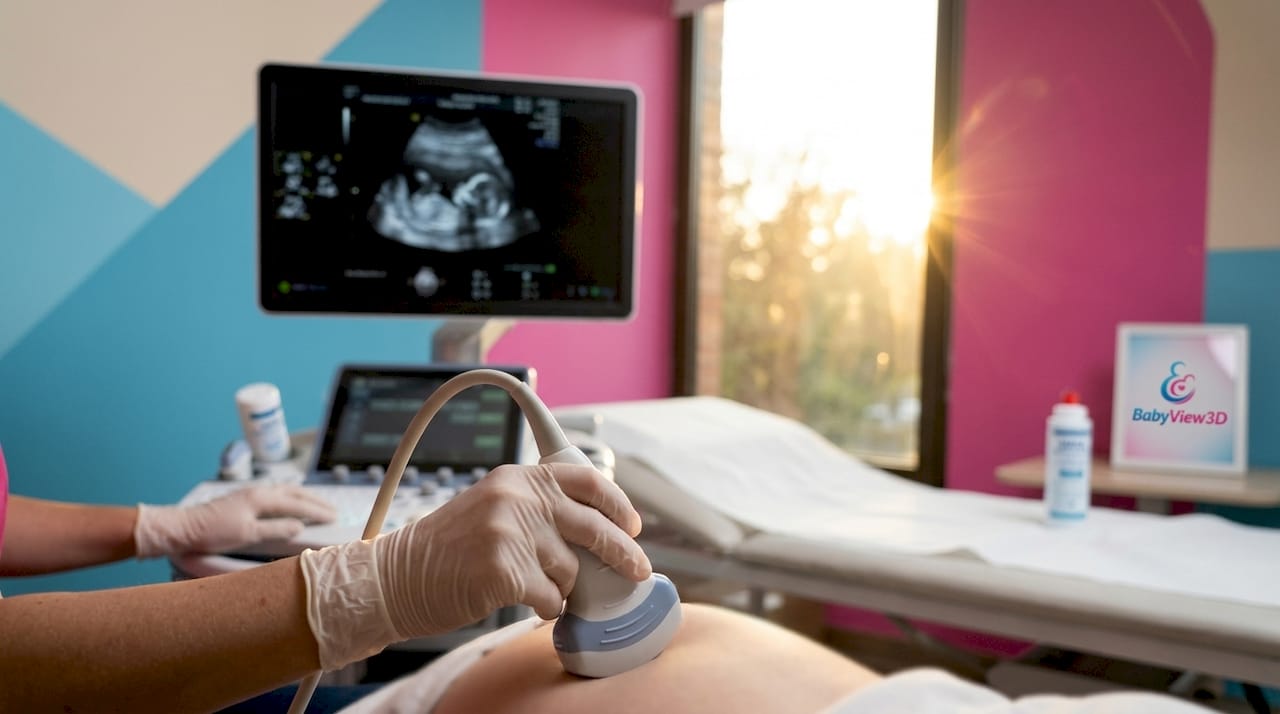 Unas manos sujetan un transductor de ultrasonido utilizado en exámenes médicos.