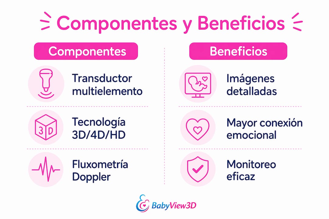 Infografía sobre los elementos y ventajas del ultrasonido