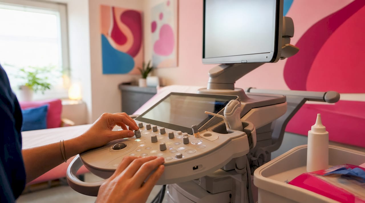Sonographer hands adjusting ultrasound gain control