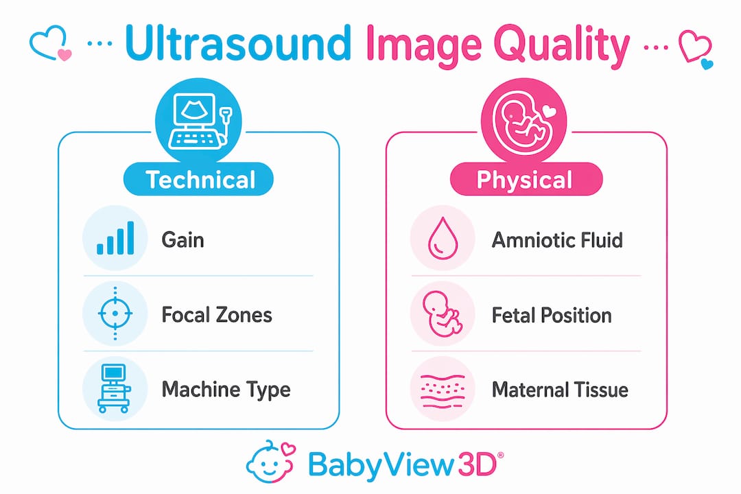 Infographic showing technical versus physical factors in ultrasound image quality