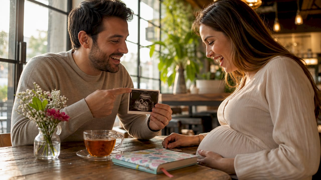 Partner sharing ultrasound image with mother
